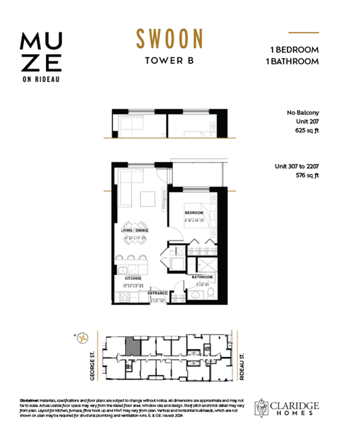 Floor plan for 1 bed, 1 bath, 625 sqft
